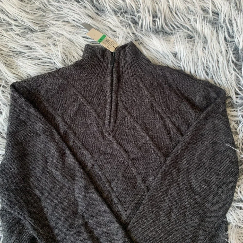 Perry Ellis Mens Quarter Zip  Sweater Size L Soft‎ Cable Knit Gray NEW with tags